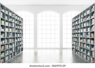 Library interior design with massive bookshelves and concrete floor. 3D Rendering