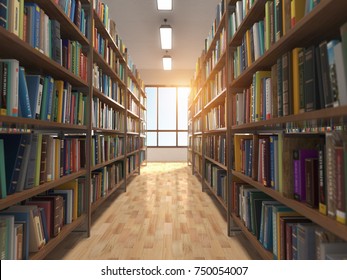 Library stacks of books and bookshelf. 3d illustration