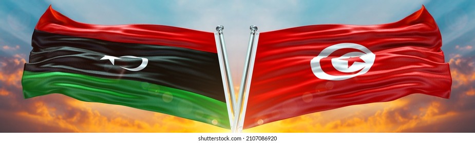 Libya Flag And Tunisia Flag Waving With Texture Sky Clouds And Sunset Double Flag - 3D Illustration - 3D Render 