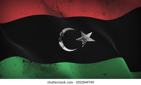 Libya Grunge War Flag Waving On Fire Loop. Libyan Dirty Conflict Flag On Inferno Flames Blowing On Wind.