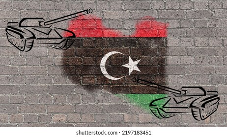 Libyan Map And Flag Painted On The Old Brick Wall. In The Background, On The Left And Right, A Silhouette Of A Military Tank