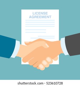License agreement handshake. Men shacking hands for insurance of license, patent from copyriting.