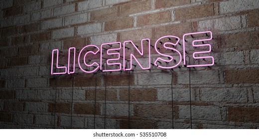 LICENSE - Glowing Neon Sign On Stonework Wall - 3D Rendered Royalty Free Stock Illustration.  Can Be Used For Online Banner Ads And Direct Mailers.
