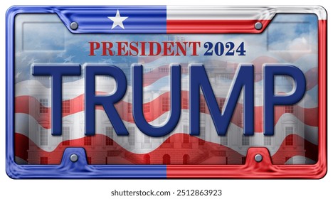 License Plate promoting Donald Trump as a candidate for the presidential election in 2024. Includes a clipping path.