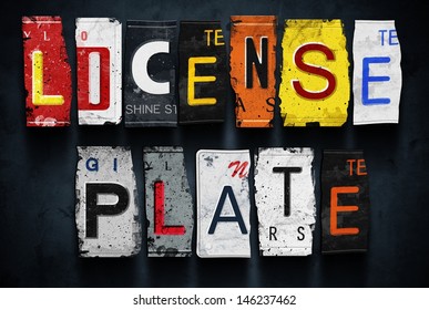 License Plate Word On Vintage Broken Car Plates, Concept Sign