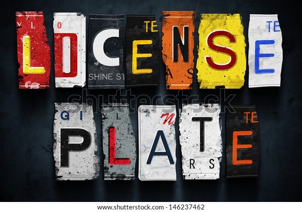 License plate word on vintage broken car plates,
concept sign