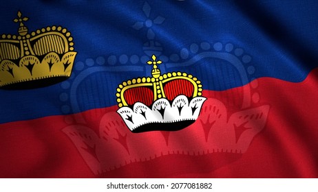 Liechtenstein national flag fluttering in the wind, seamless loop. Motion. Abstract waving red and blue flag with crowns.