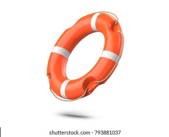 A Life Buoy For Safety At Sea, Isolated On White Background. 3d Rendering Of Orange Lifebuoy Ring.