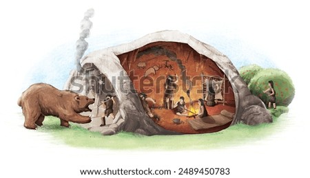 life in a cave, inside a cave, bear attack, drawing on walls, discovery of fire, hunting, prehistoric people, prehistory, hunters and gatherers, history