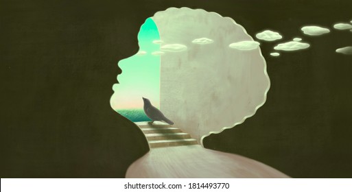 Life  Hope Freedom And Dream Concept ,surreal Artwork, Black Bird Looking At The Sky In African Black Child Portrait	
