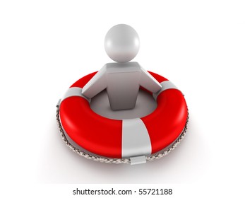 Life Insurance. Red Lifebuoy With Human Isolated On White Background. High Quality 3d Render.