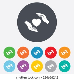 Life Insurance Sign Icon. Hands Protect Cover Heart Symbol. Health . Round Colourful 11 Buttons.