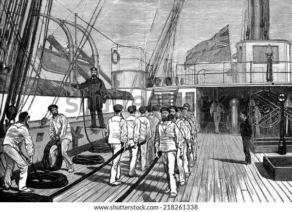 Life on board. The bridge of a ship of war,
vintage engraved illustration. Journal des Voyages, Travel Journal,
(1879-80).