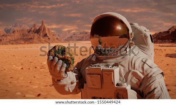 life on planet Mars, astronaut discovers bacterial life on the surface of a rock (3d science rendering) 
