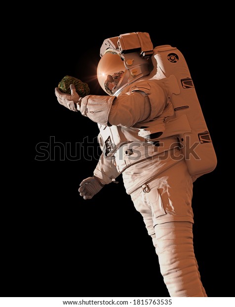life in outer space, astronaut discovers\
bacterial life on the surface of a rock, isolated on black\
background (3d science\
rendering)