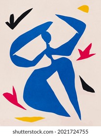 life of the paper cut-outs painting inspired by the 1940s and Matisse. Nude figure dancing. positive art and illustration. For decoration and print.
