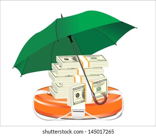 A Life Preserver Filled With Money And An Umbrella, Symbolizing Financial Aid