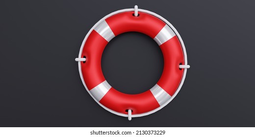 Life preserver on grey black color, rescue life. Lifebuoy white and red color float ring, boat safety equipment. 3d render