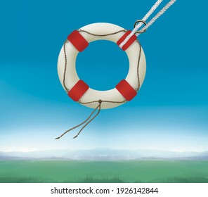 Lifebuoy against background of sky and fields. Life insurance. Humor illustration