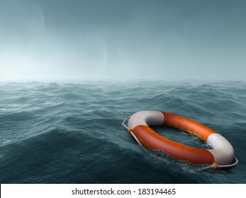 Lifebuoy floating in the vast expanse of sea