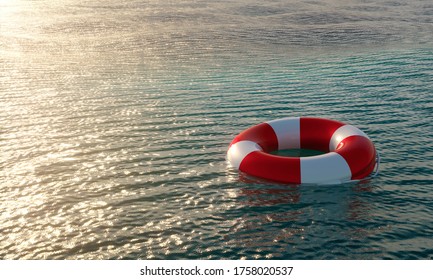 Lifebuoy In Ocean - 3D Render Illustration. Emergency Lifesaver Buoy In Water. Saving Lives - Social Advertising Poster With Copy Space. Lifeguard Equipment With Rope Floating In Sea. Lifeguard Day