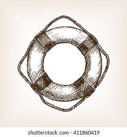 Lifebuoy Sketch Style Raster Illustration. Old Engraving Imitation. 