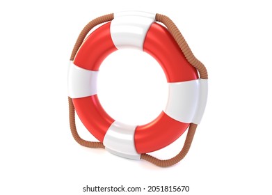 Lifebuoy water safety 3D rendered illustration, perspective view. Red and white colored lifebuoy flat style. Classical ship equipment flotation hoop with cord for drowning people in sea.