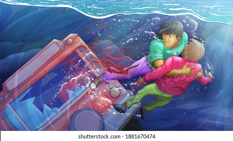 Lifeguard saving man from underwater art illustration design - Powered by Shutterstock