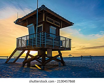 Lifeguard tower on sandy beach shortly before sunset on a barrier island in southwest Florida. Digital painting effect, 3D rendering.