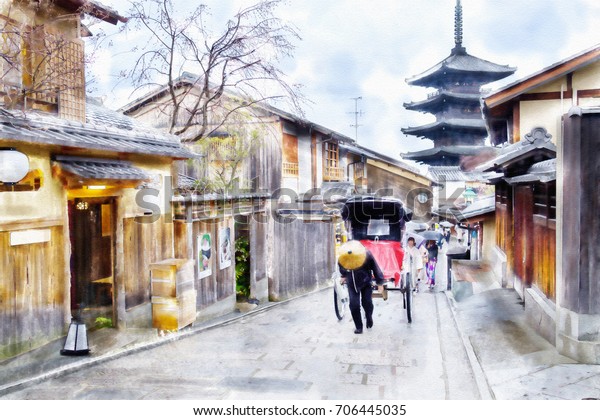 Lifestyle at the street in Kyoto, Japan by\
digital watercolor\
painting