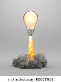 Lift off of a light bulb like a rocket, abstract illustration of the release of a brilliant idea. 3d illustration