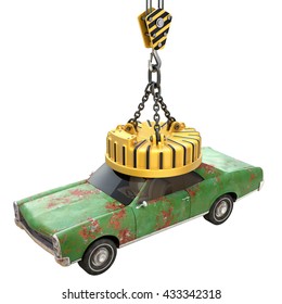 Lifting electro magnet with old car - 3D illustration