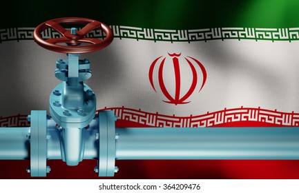 Lifting Of Sanctions Against Iran. Oil Pipe In Front Of The Iranian Flag. Extraction Of Oil.