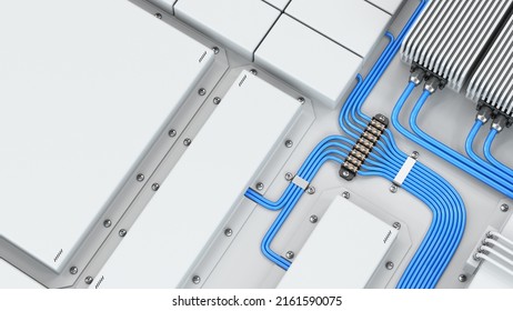 Light Background With Cables And White Devices. The Concept Of Technological Design In The Energy Sector. Electrical Wires Are Connected To The Terminal Box And Blocks. 3d Render