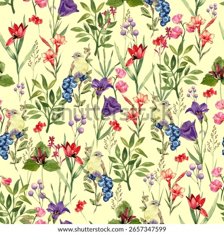 light background with mixed flower with leaf n water art work bird allover textile print