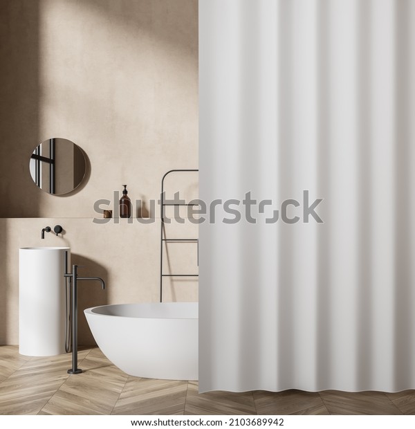 Light bathroom\
interior with tub and sink with mirror, rack with gels bottle and\
towel rail ladder, parquet floor. Washing room with white shower\
curtain, 3D\
rendering