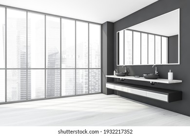 Light Bathroom With Two Washbasins And Black Drawers, Side View, Large Mirror. Minimalist Design Of Modern Bathroom With Marble Floor, 3D Rendering No People