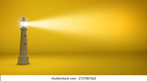 Light Beam Of A Lighthouse Isolated On A Yellow Background With Copy Space, 3d Illustration