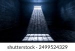 Light beam shining through a prison cell window illuminating interior 3d