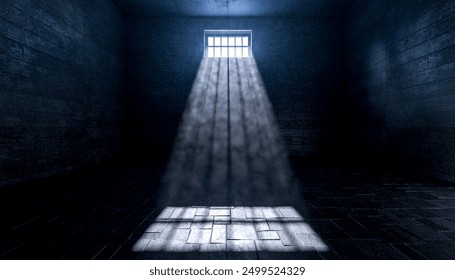 Light beam shining through a prison cell window illuminating interior 3d