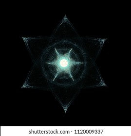 Light Beams Moving Around Glowing Hexagram. Esoterica, Sacred Geometry And Hermeticism