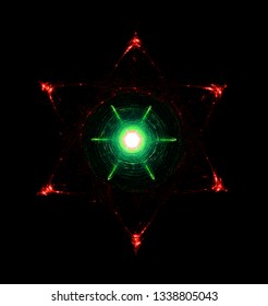 Light Beams Moving Around Glowing Hexagram. Esoterica, Sacred Geometry And Hermeticism