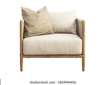 Light Beige Fabric Lounge Chair With Pillow On White Background. Outdoor Wooden Armchair With Wicker Back And Armrest. Modern Wooden Legs Chair. 3d Render