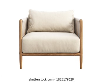 Light Beige Fabric Lounge Chair With Pillow On White Background. Outdoor Wooden Armchair With Wicker Back And Armrest. Modern Wooden Legs Chair. 3d Render