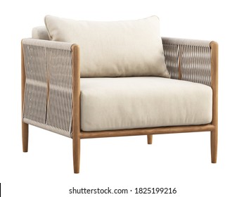 Light Beige Fabric Lounge Chair With Pillow On White Background. Outdoor Wooden Armchair With Wicker Back And Armrest. Modern Wooden Legs Chair. 3d Render