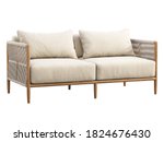 Light beige fabric sofa with pillow and plaid on white background. Outdoor wooden loveseat with wicker back and armrest. Modern wooden legs sofa. 3d render