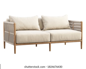 Light Beige Fabric Sofa With Pillow And Plaid On White Background. Outdoor Wooden Loveseat With Wicker Back And Armrest. Modern Wooden Legs Sofa. 3d Render