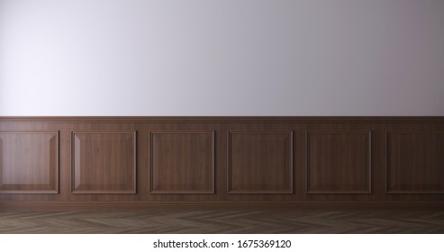 Light beige gray wall with wood molding and dark wood chevron parquet floor. Taupe color. Horizontal frontal view composition. 3d render.