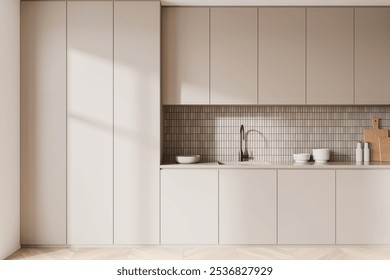 Light beige home kitchen interior cooking cabinet with shelves hidden. Cooking space in modern apartment with kitchenware, hardwood floor. 3D rendering - Powered by Shutterstock