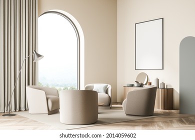 Light Beige Interior With The Banner On The Wall, Arch Panoramic Window With Curtains, Parquet Flooring With Rug, Armchairs, Sideboard And Lamp. Concept Of A Modern House Design. Mockup. 3d Rendering